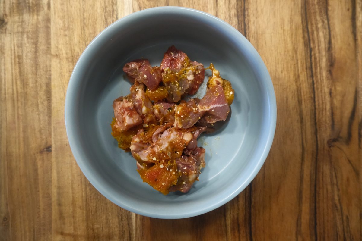 A fresh food meal for a French Bulldog in a blue bowl