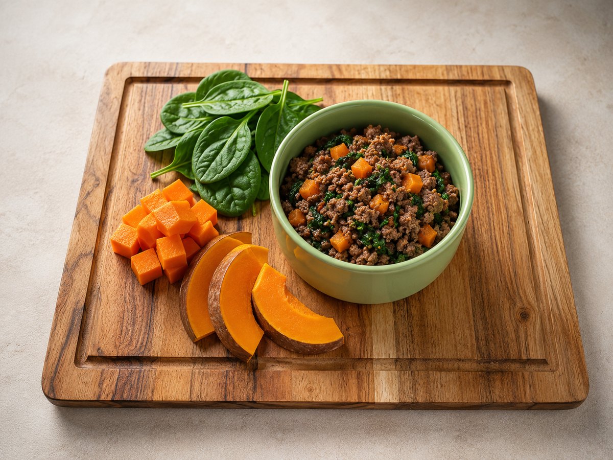 A French Bulldog meal bowl of cooked beef, spinach and pumpkin next to fresh spinach and pumpkin on a wooden board