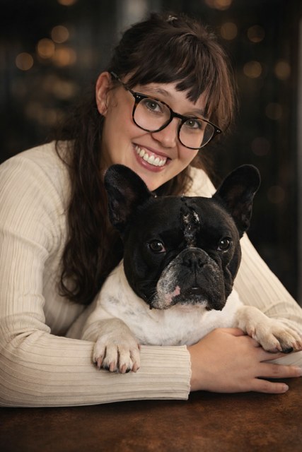 Alessa Grimm, author of the Healthy Frenchies French Bulldog nutrition guide, with her French Bulldog Raphy